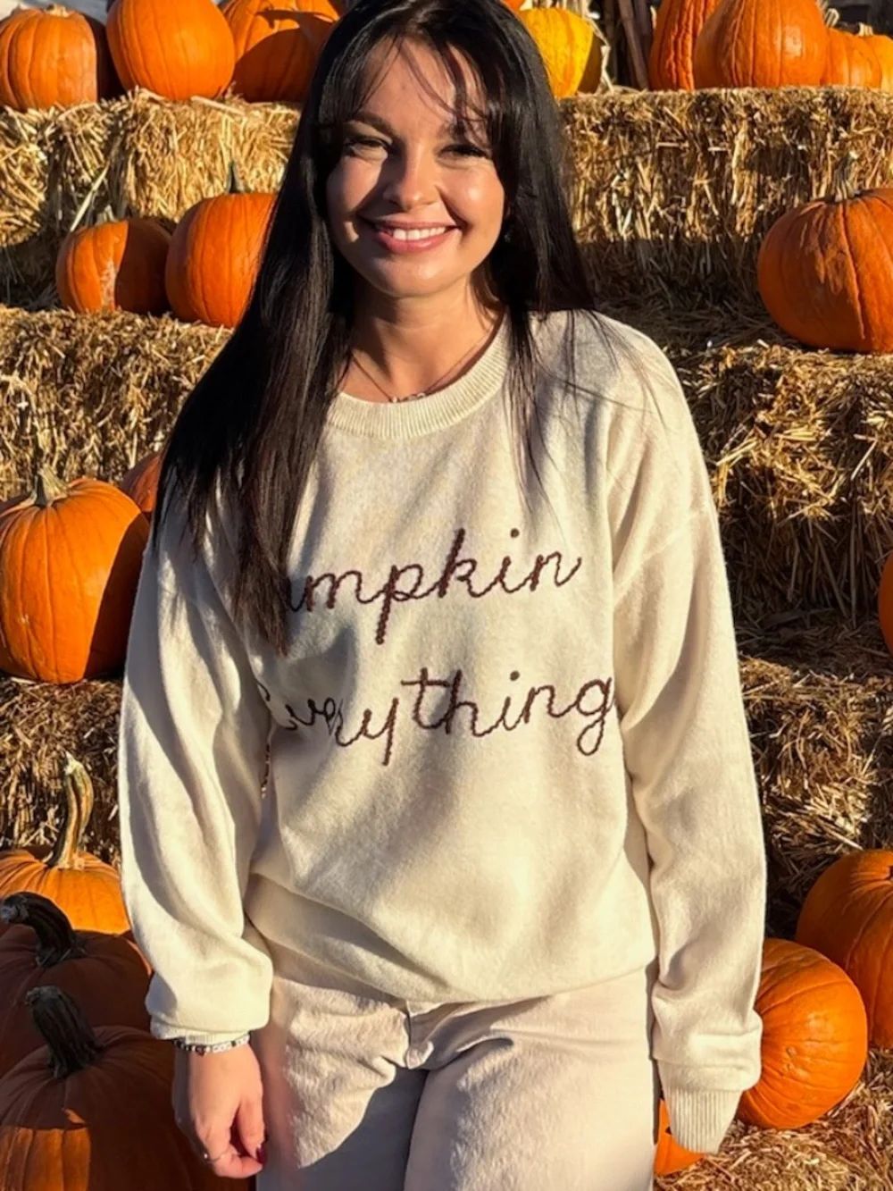Cream 'Pumpkin Everything' Script Cashmere Sweater